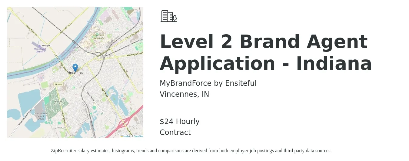 MyBrandForce by Ensiteful job posting for a Level 2 Brand Agent Application - Indiana in Vincennes, IN with a salary of $25 Hourly with a map of Vincennes location.