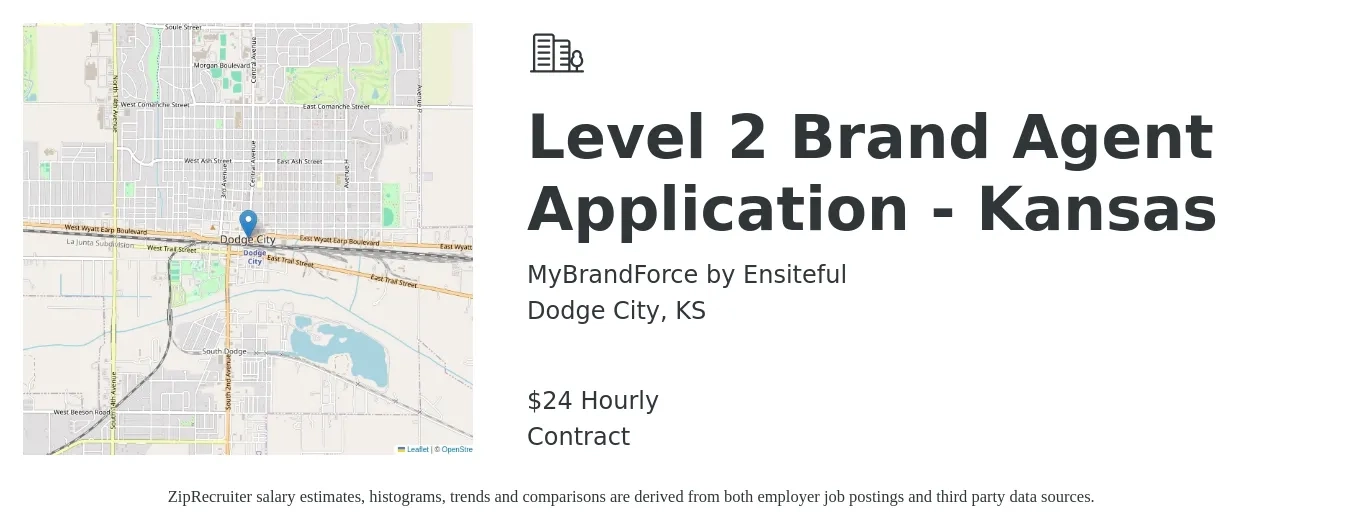 MyBrandForce by Ensiteful job posting for a Level 2 Brand Agent Application - Kansas in Dodge City, KS with a salary of $25 Hourly with a map of Dodge City location.