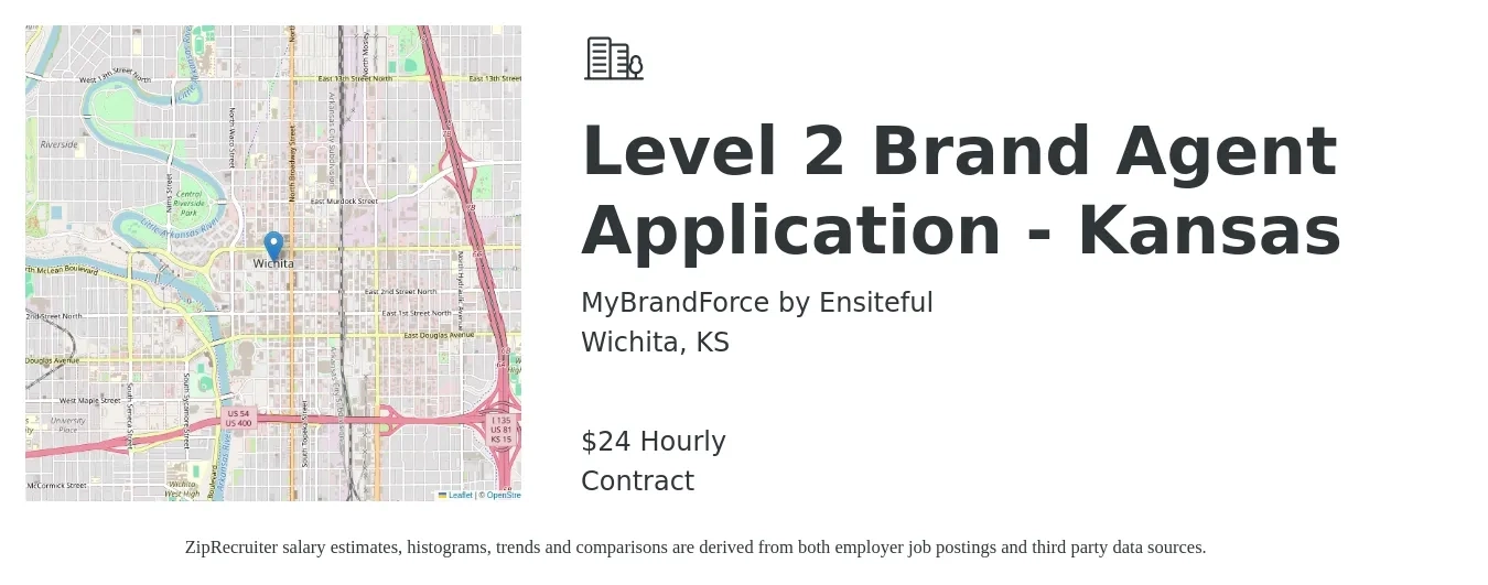 MyBrandForce by Ensiteful job posting for a Level 2 Brand Agent Application - Kansas in Wichita, KS with a salary of $25 Hourly with a map of Wichita location.