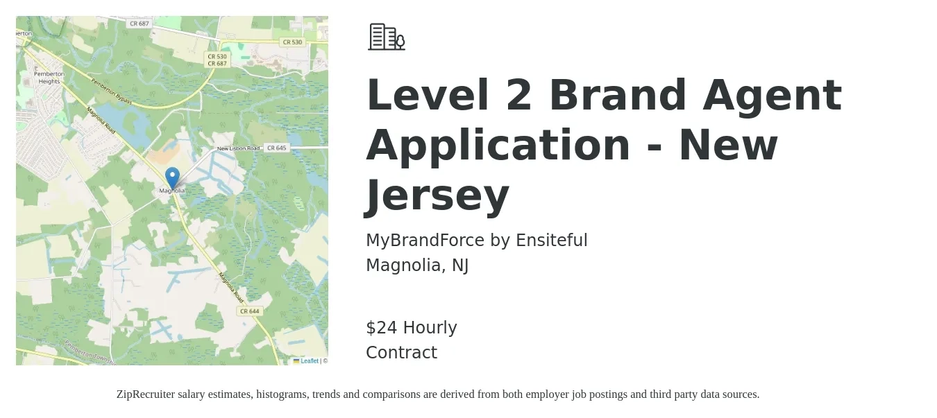 MyBrandForce by Ensiteful job posting for a Level 2 Brand Agent Application - New Jersey in Magnolia, NJ with a salary of $25 Hourly with a map of Magnolia location.