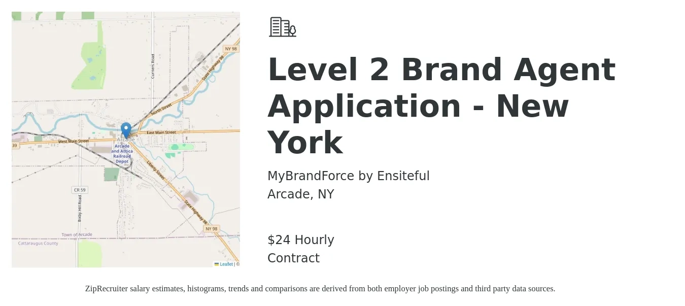 MyBrandForce by Ensiteful job posting for a Level 2 Brand Agent Application - New York in Arcade, NY with a salary of $25 Hourly with a map of Arcade location.