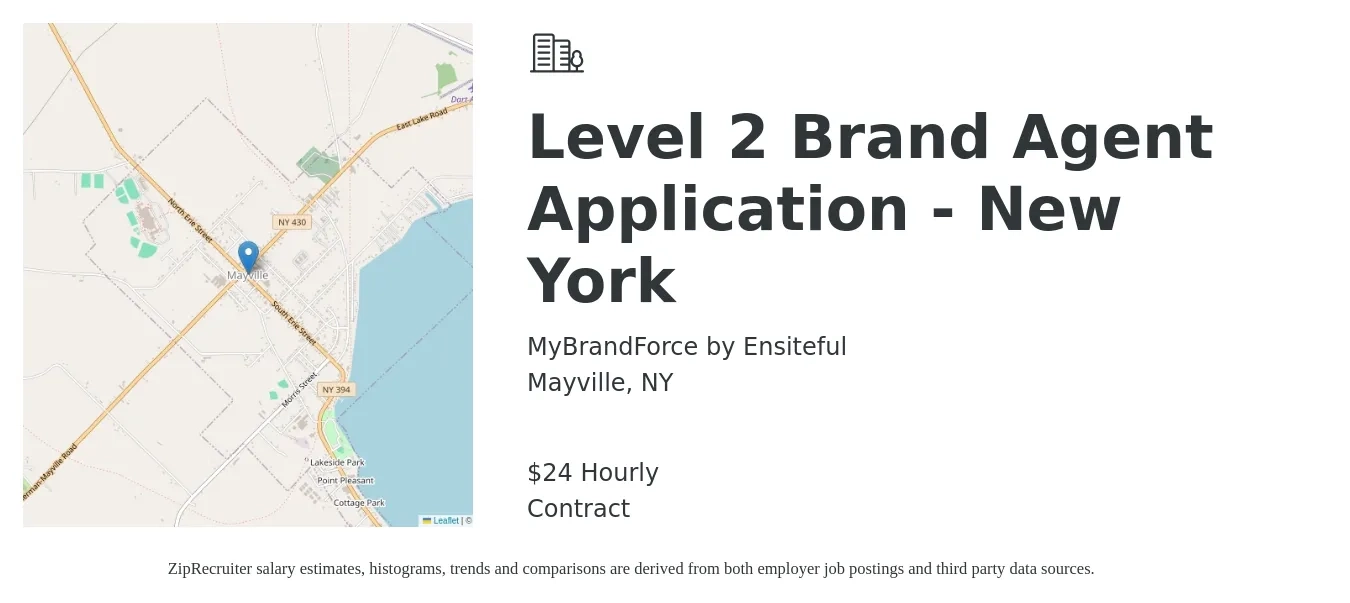 MyBrandForce by Ensiteful job posting for a Level 2 Brand Agent Application - New York in Mayville, NY with a salary of $25 Hourly with a map of Mayville location.