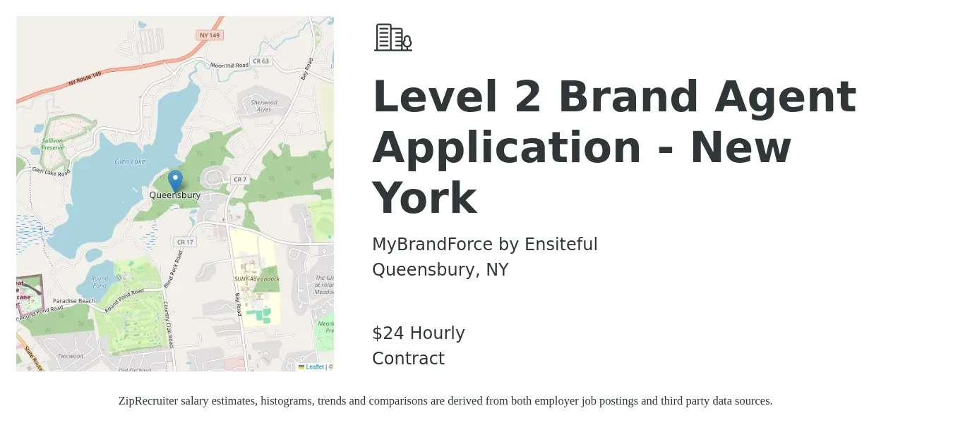 MyBrandForce by Ensiteful job posting for a Level 2 Brand Agent Application - New York in Queensbury, NY with a salary of $25 Hourly with a map of Queensbury location.