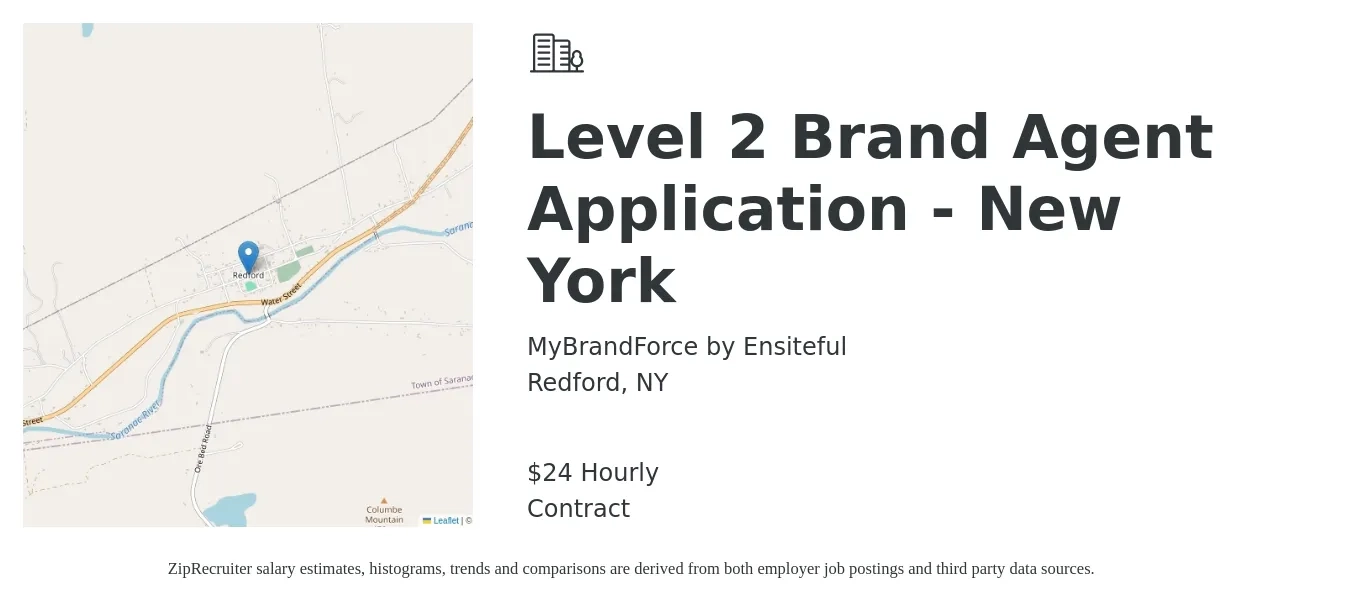 MyBrandForce by Ensiteful job posting for a Level 2 Brand Agent Application - New York in Redford, NY with a salary of $25 Hourly with a map of Redford location.