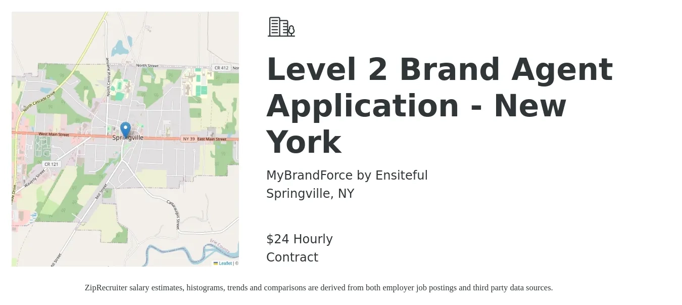 MyBrandForce by Ensiteful job posting for a Level 2 Brand Agent Application - New York in Springville, NY with a salary of $25 Hourly with a map of Springville location.