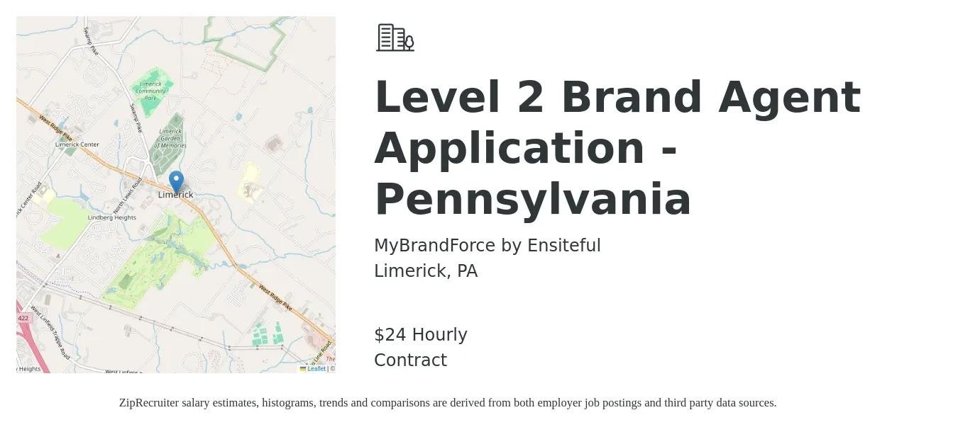 MyBrandForce by Ensiteful job posting for a Level 2 Brand Agent Application - Pennsylvania in Limerick, PA with a salary of $25 Hourly with a map of Limerick location.