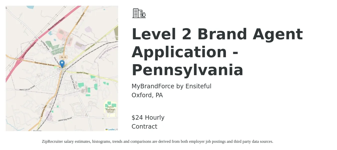 MyBrandForce by Ensiteful job posting for a Level 2 Brand Agent Application - Pennsylvania in Oxford, PA with a salary of $25 Hourly with a map of Oxford location.