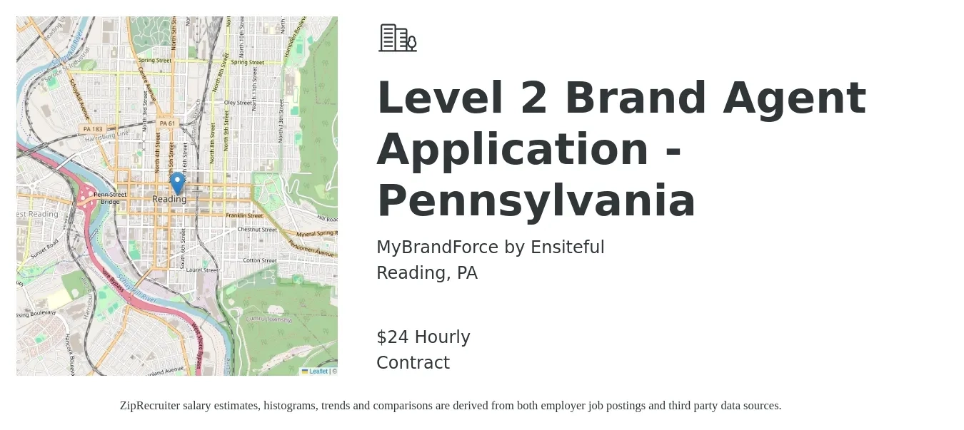 MyBrandForce by Ensiteful job posting for a Level 2 Brand Agent Application - Pennsylvania in Reading, PA with a salary of $25 Hourly with a map of Reading location.