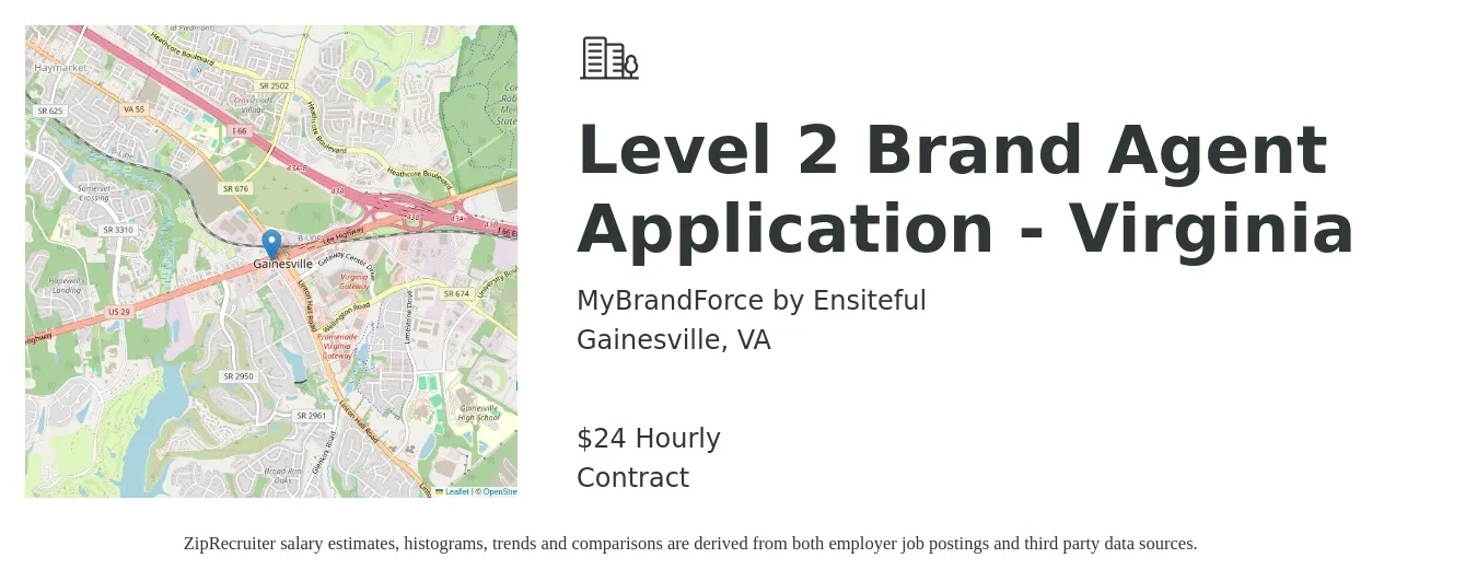 MyBrandForce by Ensiteful job posting for a Level 2 Brand Agent Application - Virginia in Gainesville, VA with a salary of $25 Hourly with a map of Gainesville location.