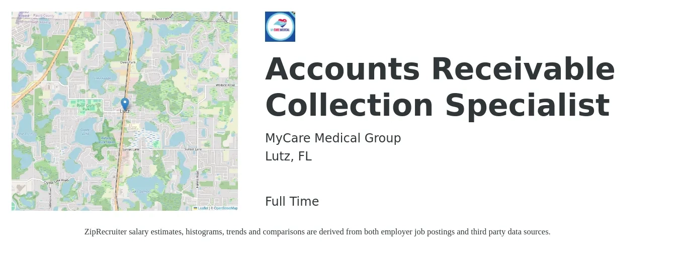 MyCare Medical Group job posting for a Accounts Receivable Collection Specialist in Lutz, FL with a salary of $18 to $24 Hourly with a map of Lutz location.