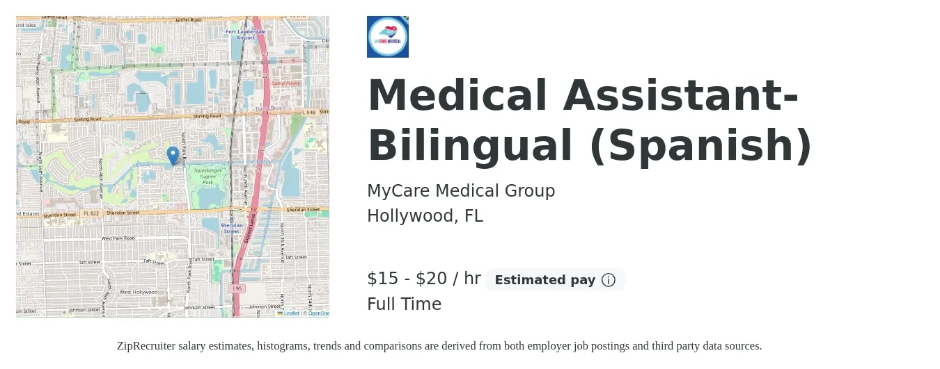 MyCare Medical Group job posting for a Medical Assistant-Bilingual (Spanish) in Hollywood, FL with a salary of $16 to $21 Hourly with a map of Hollywood location.