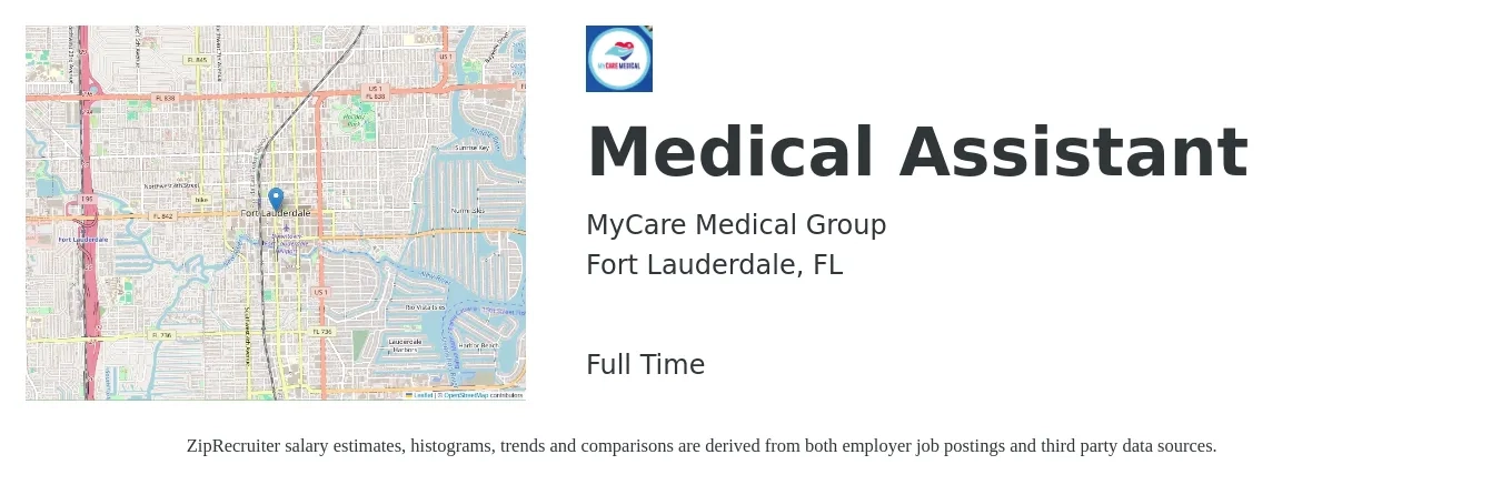 MyCare Medical Group job posting for a Medical Assistant in Fort Lauderdale, FL with a salary of $16 to $21 Hourly with a map of Fort Lauderdale location.