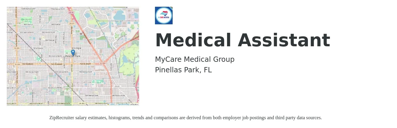 MyCare Medical Group job posting for a Medical Assistant in Pinellas Park, FL with a salary of $16 to $20 Hourly with a map of Pinellas Park location.