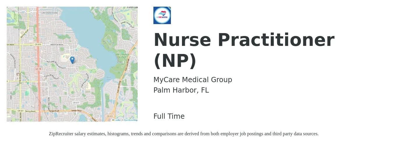 MyCare Medical Group job posting for a Nurse Practitioner (NP) in Palm Harbor, FL with a salary of $95,200 to $132,300 Yearly with a map of Palm Harbor location.