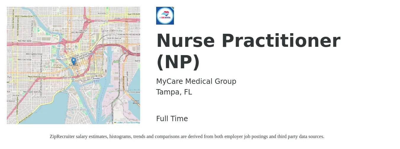 MyCare Medical Group job posting for a Nurse Practitioner (NP) in Tampa, FL with a salary of $102,100 to $141,800 Yearly with a map of Tampa location.