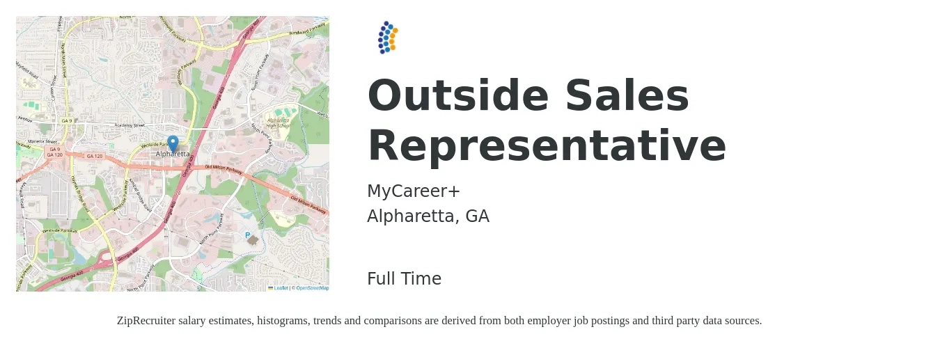 MyCareer+ job posting for a Outside Sales Representative in Alpharetta, GA with a salary of $51,300 to $87,900 Yearly with a map of Alpharetta location.