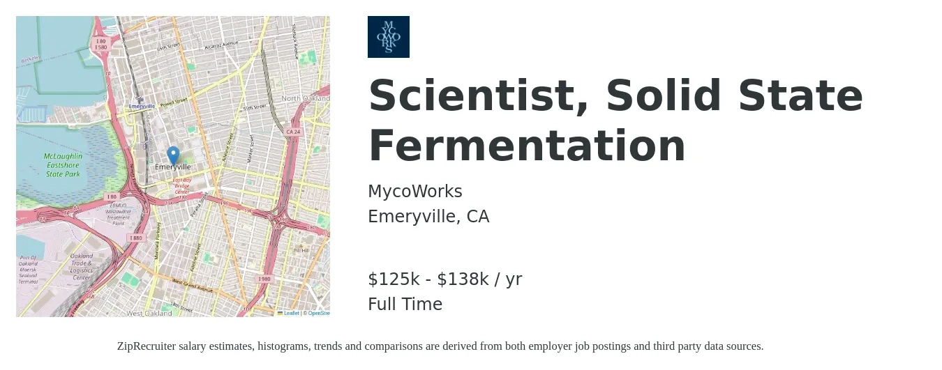 MycoWorks job posting for a Scientist, Solid State Fermentation in Emeryville, CA with a salary of $125,000 to $138,000 Yearly with a map of Emeryville location.