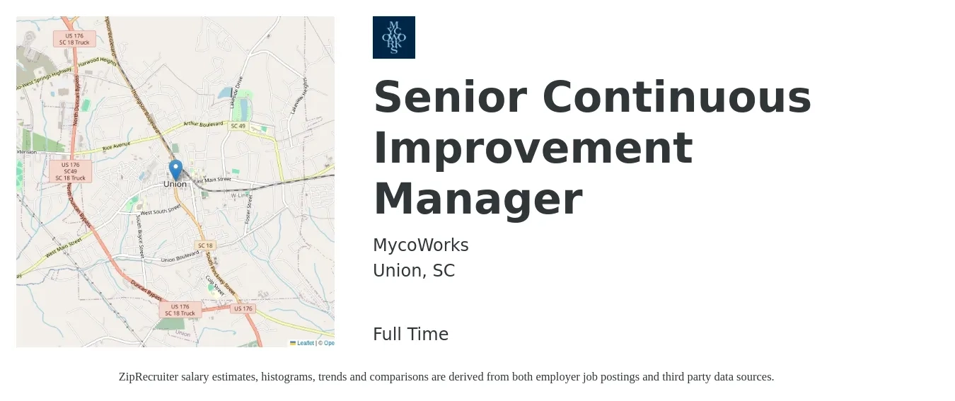 MycoWorks job posting for a Senior Continuous Improvement Manager in Union, SC with a salary of $70,400 to $89,100 Yearly with a map of Union location.