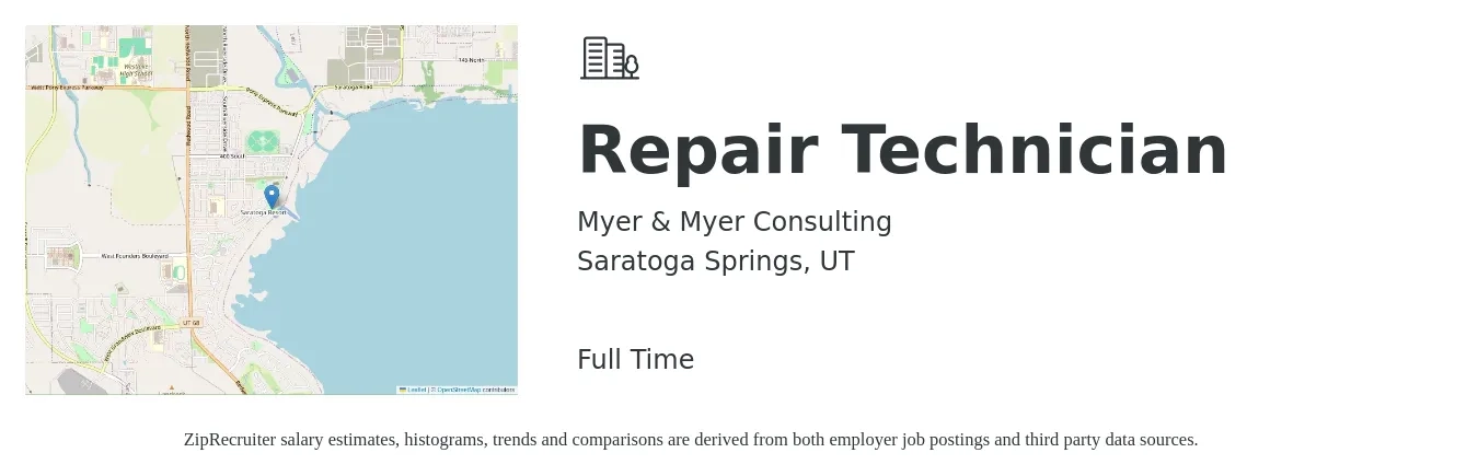 Myer & Myer Consulting job posting for a Repair Technician in Saratoga Springs, UT with a salary of $16 to $23 Hourly with a map of Saratoga Springs location.