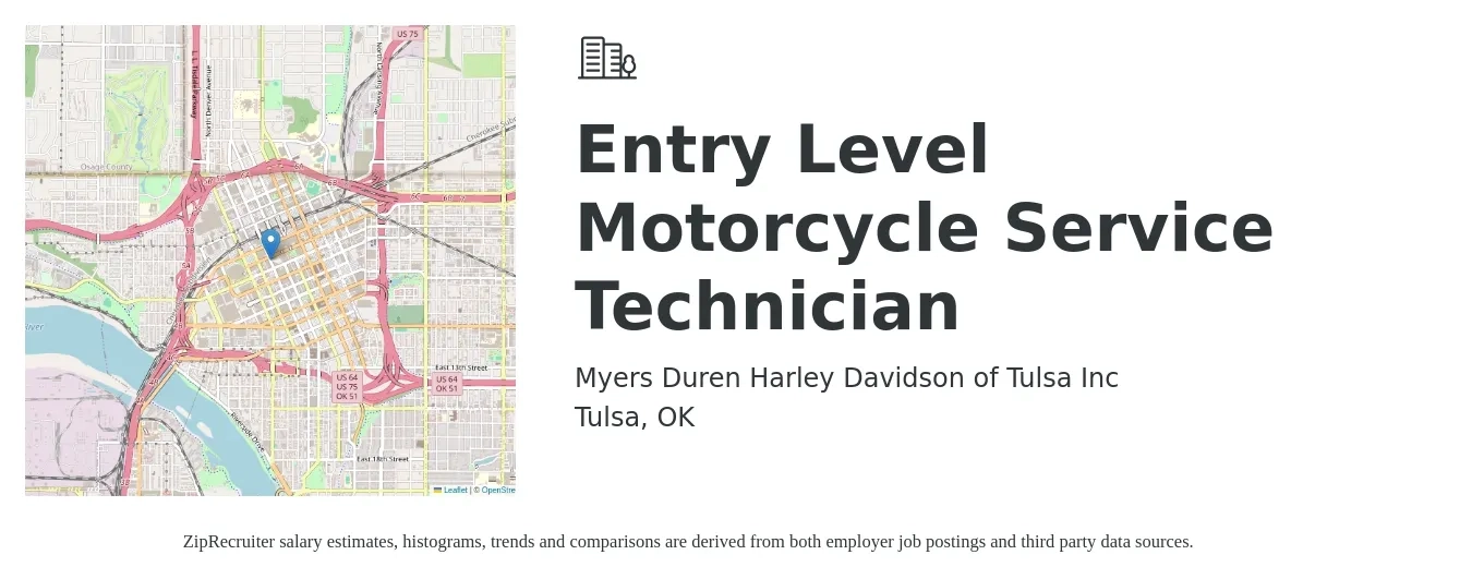 Myers Duren Harley Davidson of Tulsa Inc job posting for a Entry Level Motorcycle Service Technician in Tulsa, OK with a salary of $15 to $21 Hourly with a map of Tulsa location.