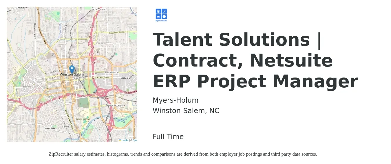 Myers-Holum job posting for a Talent Solutions | Contract, Netsuite ERP Project Manager in Winston-Salem, NC with a salary of $99,600 to $143,900 Yearly with a map of Winston-Salem location.