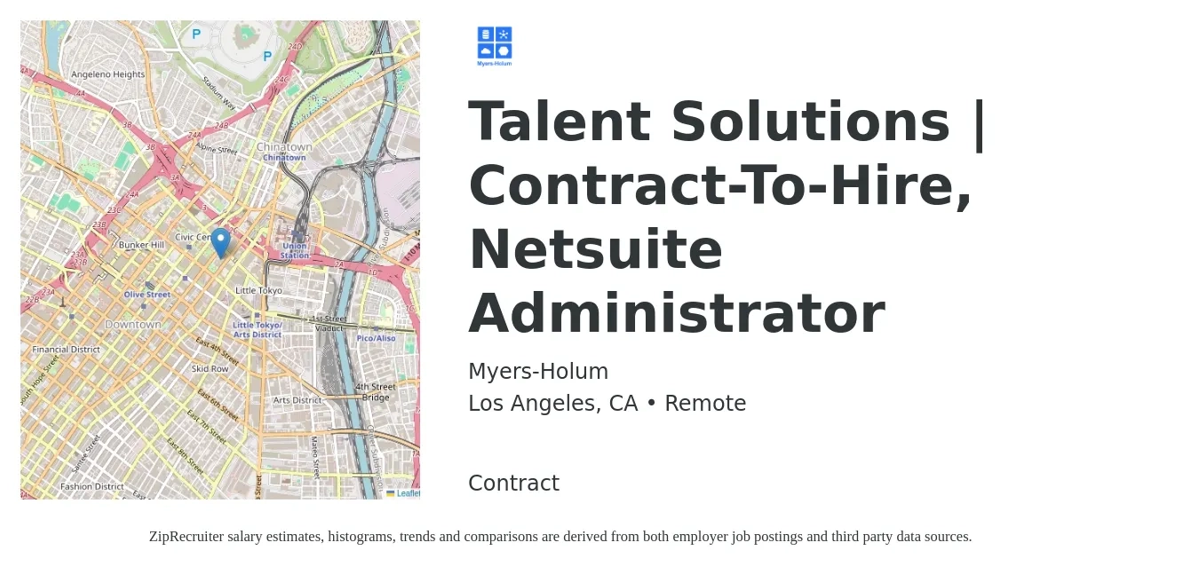 Myers-Holum job posting for a Talent Solutions | Contract-To-Hire, Netsuite Administrator in Los Angeles, CA with a salary of $75,400 to $112,100 Yearly with a map of Los Angeles location.