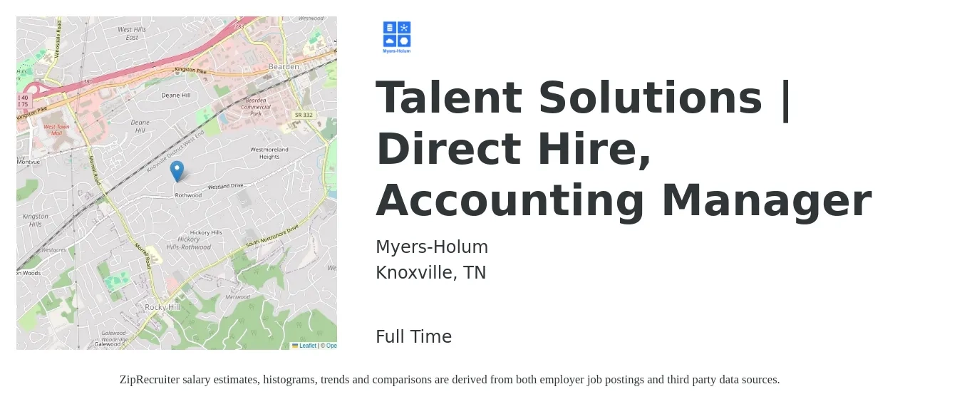 Myers-Holum job posting for a Talent Solutions | Direct Hire, Accounting Manager in Knoxville, TN with a salary of $74,400 to $106,900 Yearly with a map of Knoxville location.
