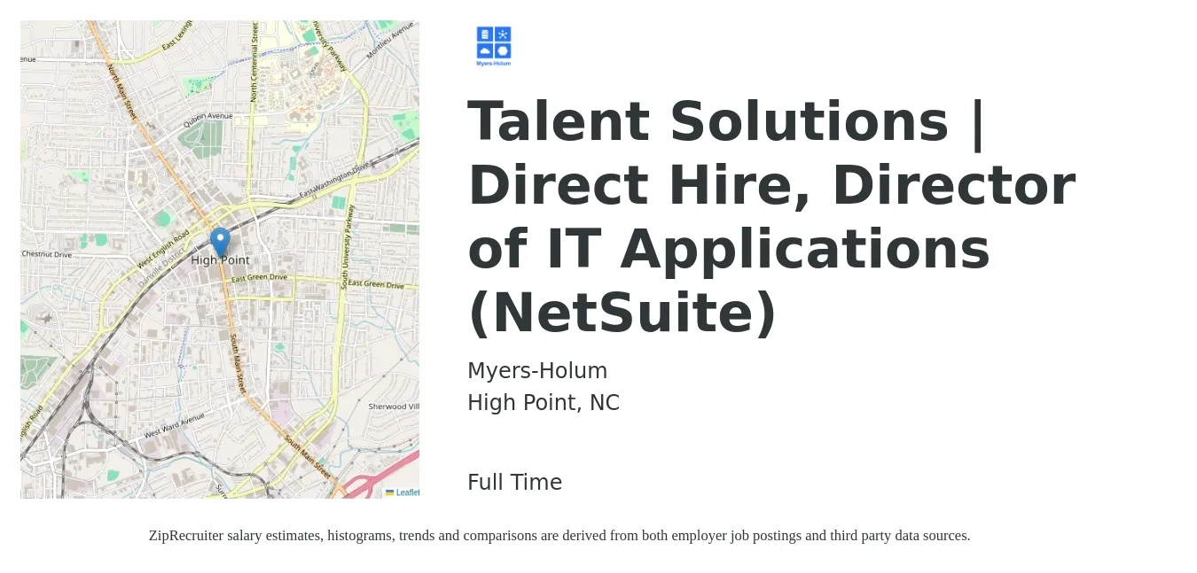 Myers-Holum job posting for a Talent Solutions | Direct Hire, Director of IT Applications (NetSuite) in High Point, NC with a salary of $95,500 to $140,100 Yearly with a map of High Point location.