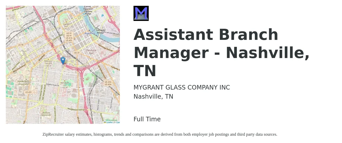 MYGRANT GLASS COMPANY INC job posting for a Assistant Branch Manager - Nashville, TN in Nashville, TN with a salary of $44,000 to $60,900 Yearly with a map of Nashville location.