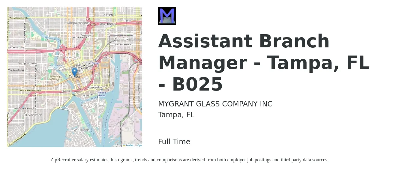 MYGRANT GLASS COMPANY INC job posting for a Assistant Branch Manager - Tampa, FL - B025 in Tampa, FL with a salary of $43,000 to $59,500 Yearly with a map of Tampa location.