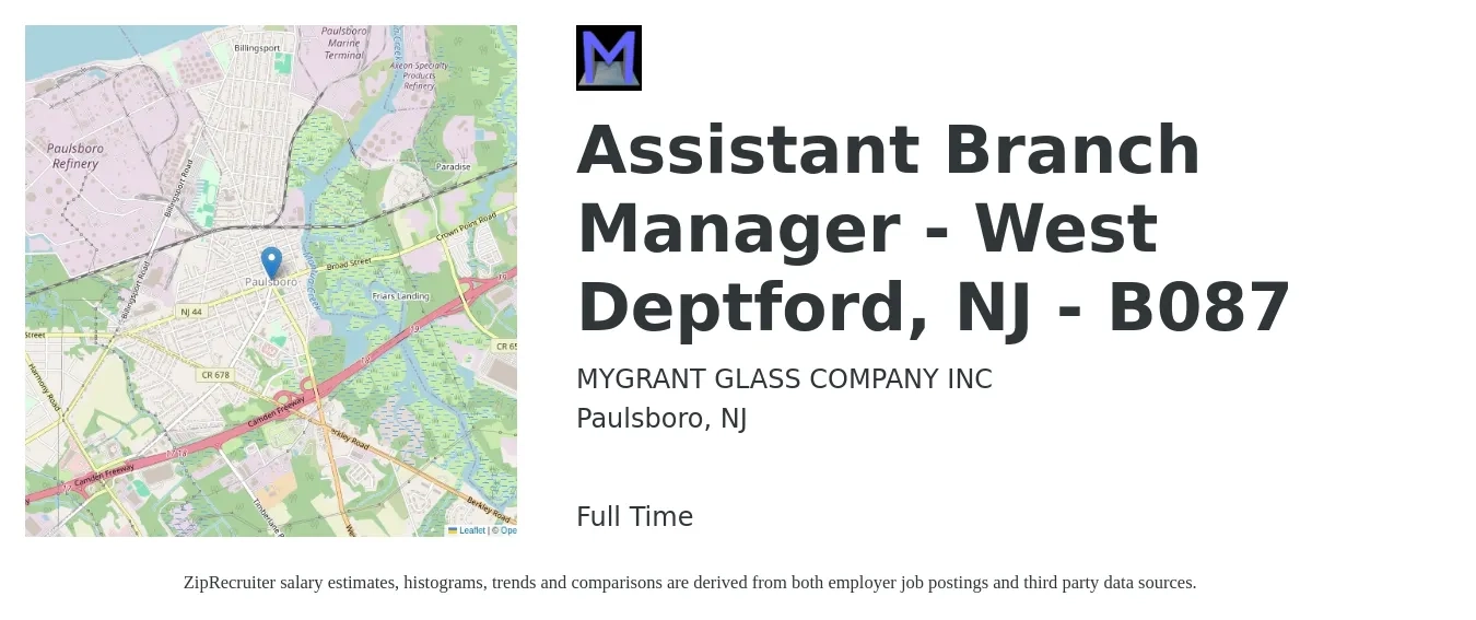 MYGRANT GLASS COMPANY INC job posting for a Assistant Branch Manager - West Deptford, NJ - B087 in Paulsboro, NJ with a salary of $44,500 to $61,600 Yearly with a map of Paulsboro location.