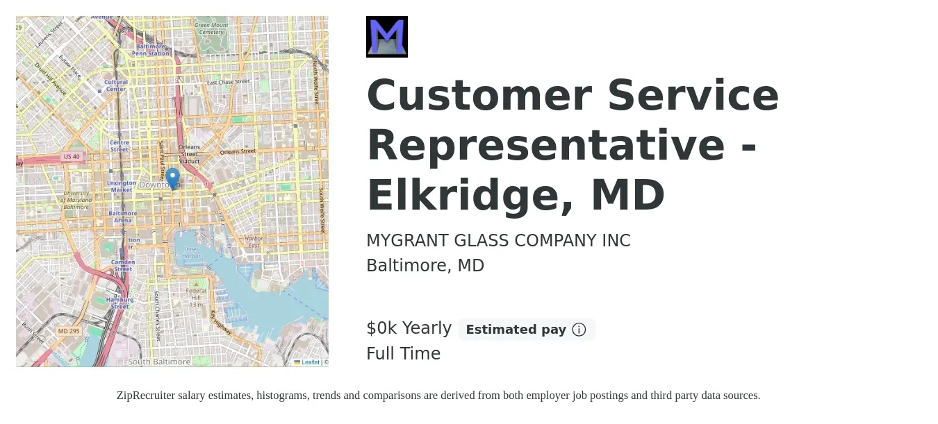 MYGRANT GLASS COMPANY INC job posting for a Customer Service Representative - Elkridge, MD in Baltimore, MD with a salary of $17 to $18 Yearly with a map of Baltimore location.
