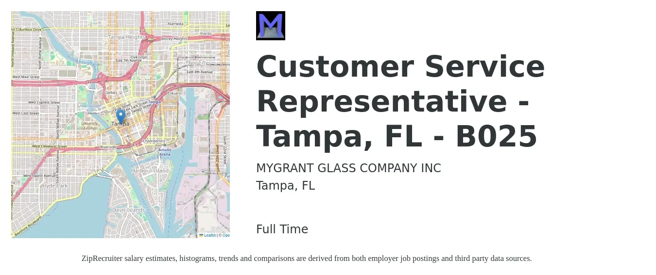 MYGRANT GLASS COMPANY INC job posting for a Customer Service Representative - Tampa, FL - B025 in Tampa, FL with a salary of $15 to $20 Hourly with a map of Tampa location.
