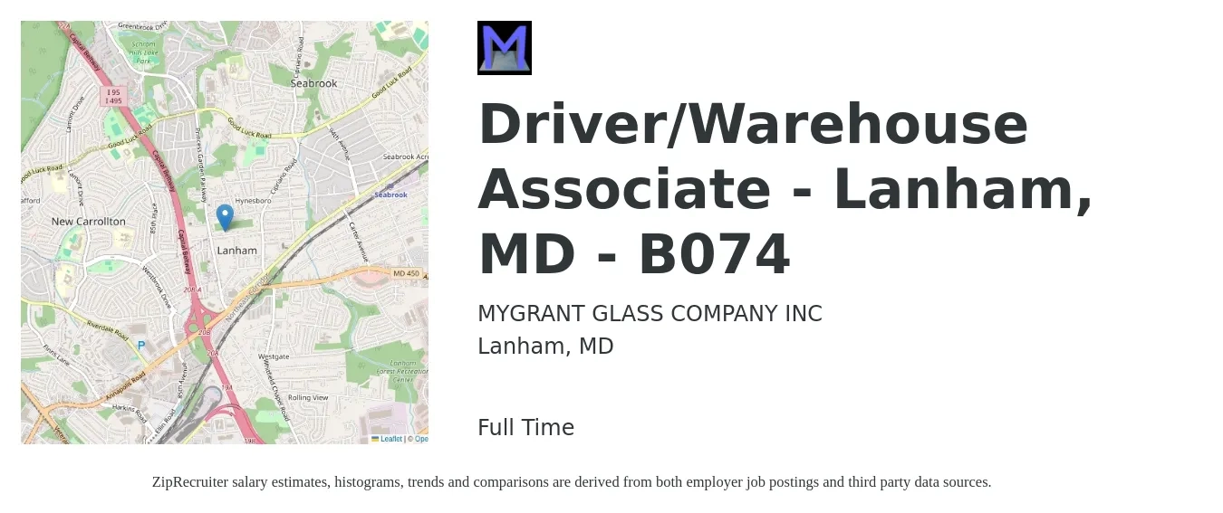 MYGRANT GLASS COMPANY INC job posting for a Driver/Warehouse Associate - Lanham, MD - B074 in Lanham, MD with a salary of $17 to $20 Hourly with a map of Lanham location.