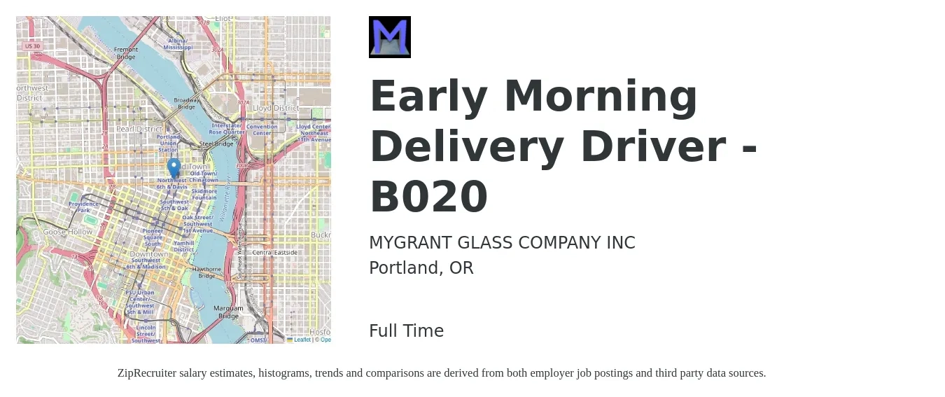 MYGRANT GLASS COMPANY INC job posting for a Early Morning Delivery Driver - B020 in Portland, OR with a salary of $18 to $22 Hourly with a map of Portland location.