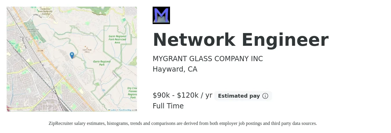 MYGRANT GLASS COMPANY INC job posting for a Network Engineer in Hayward, CA with a salary of $90,000 to $120,000 Yearly with a map of Hayward location.