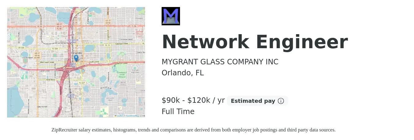 MYGRANT GLASS COMPANY INC job posting for a Network Engineer in Orlando, FL with a salary of $90,000 to $120,000 Yearly with a map of Orlando location.