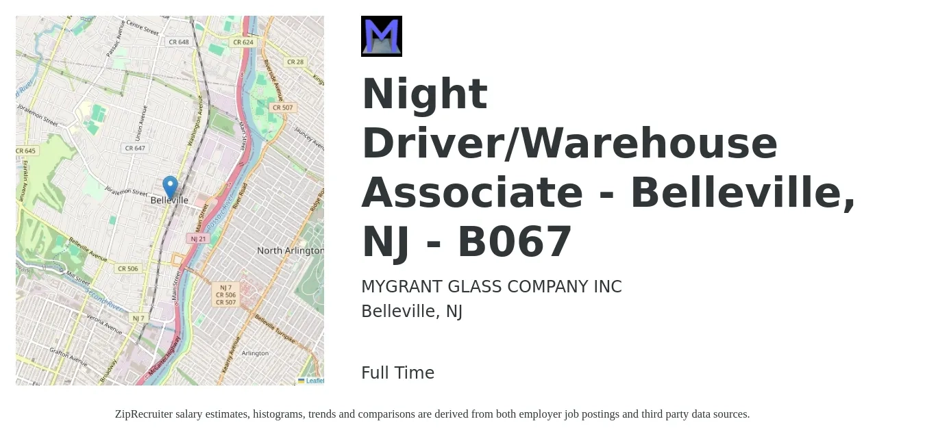 MYGRANT GLASS COMPANY INC job posting for a Night Driver/Warehouse Associate - Belleville, NJ - B067 in Belleville, NJ with a salary of $17 to $21 Hourly with a map of Belleville location.