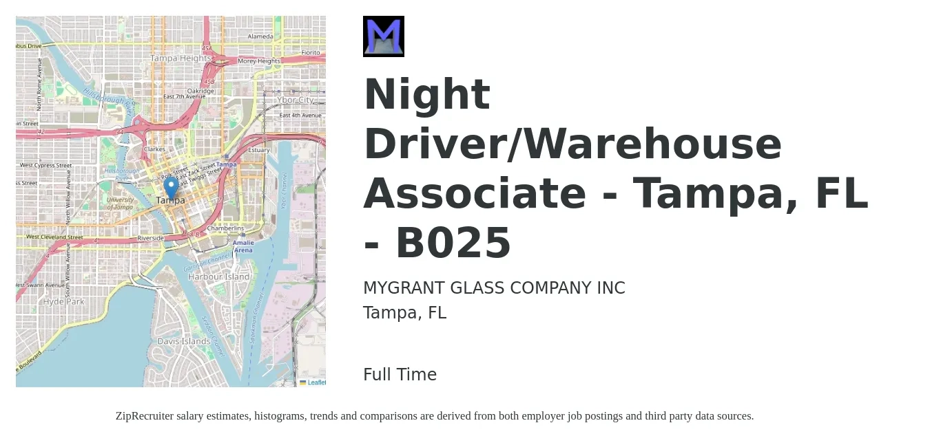 MYGRANT GLASS COMPANY INC job posting for a Night Driver/Warehouse Associate - Tampa, FL - B025 in Tampa, FL with a salary of $16 to $19 Hourly with a map of Tampa location.