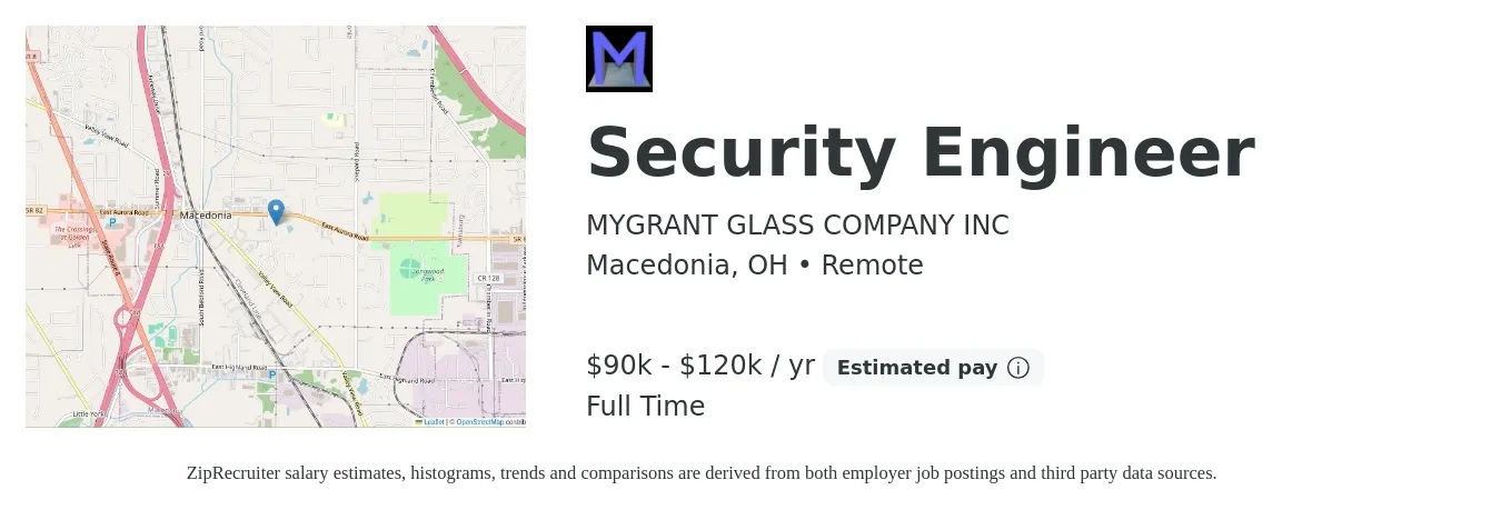 MYGRANT GLASS COMPANY INC job posting for a Security Engineer in Macedonia, OH with a salary of $90,000 to $120,000 Yearly with a map of Macedonia location.