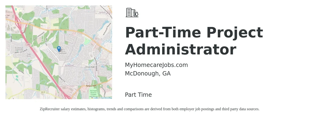 MyHomecareJobs.com job posting for a Part-Time Project Administrator in McDonough, GA with a salary of $21 to $32 Hourly with a map of McDonough location.