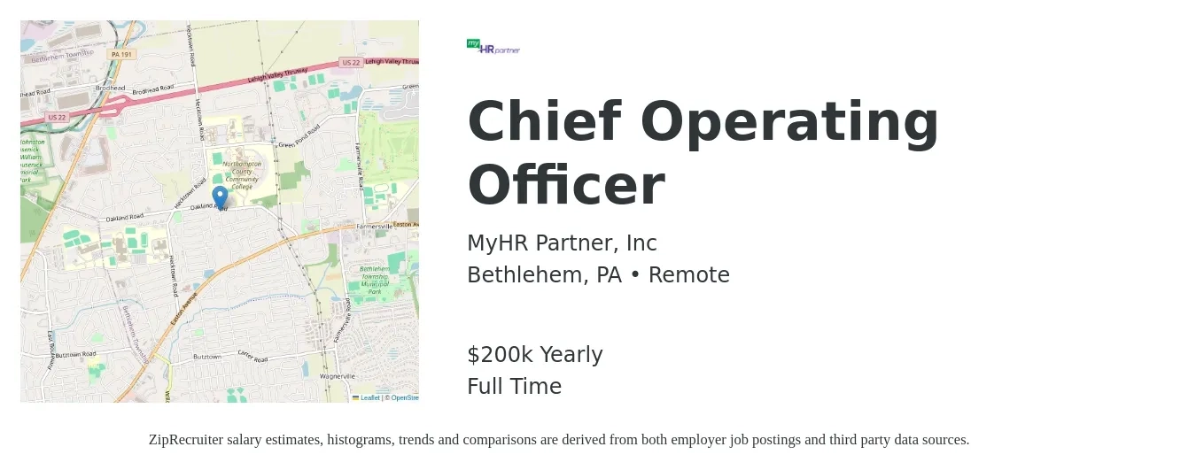 MyHR Partner, Inc job posting for a Chief Operating Officer in Bethlehem, PA with a salary of $200,000 Yearly with a map of Bethlehem location.