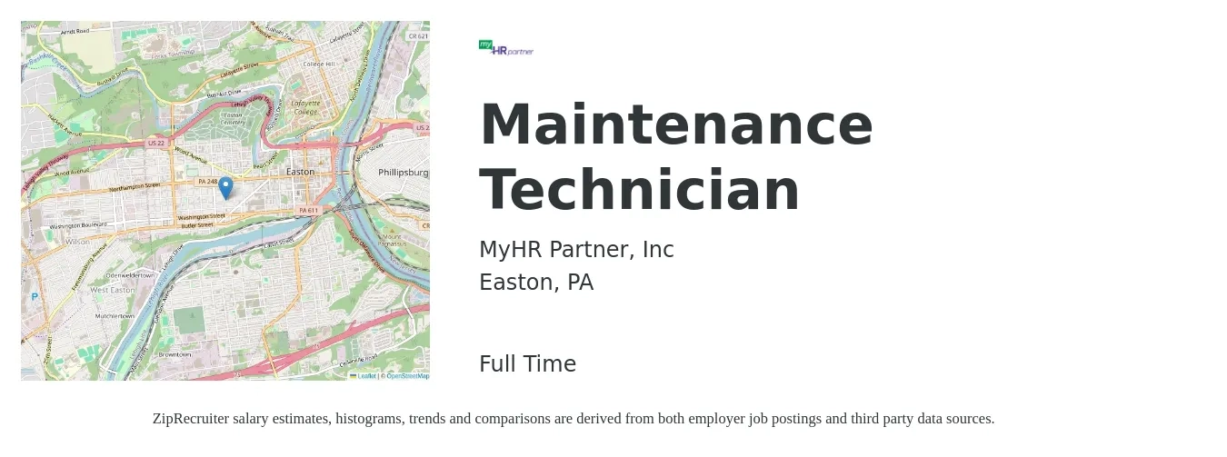 MyHR Partner, Inc job posting for a Maintenance Technician in Easton, PA with a salary of $18 to $25 Hourly with a map of Easton location.