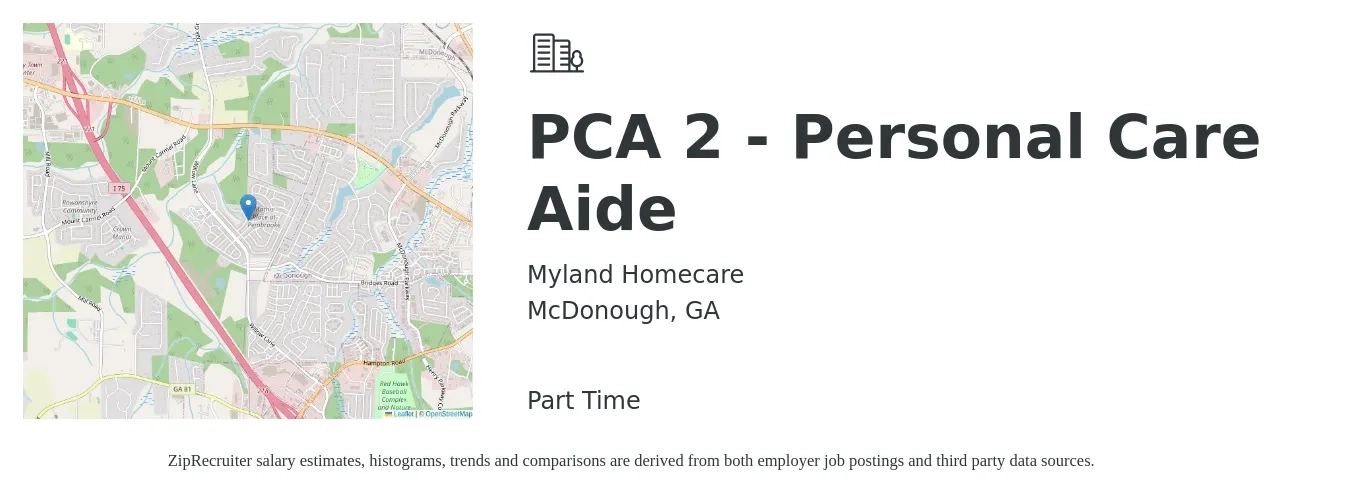 Myland Homecare job posting for a PCA 2 - Personal Care Aide in McDonough, GA with a salary of $16 Hourly with a map of McDonough location.