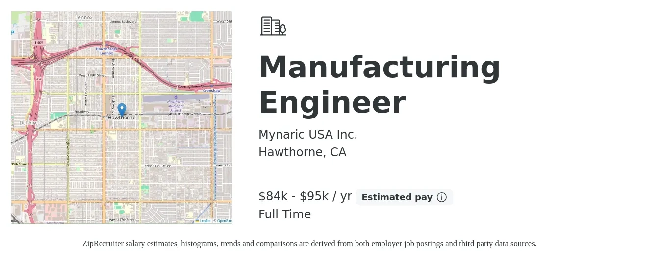 Mynaric USA Inc. job posting for a Manufacturing Engineer in Hawthorne, CA with a salary of $84,000 to $95,000 Yearly with a map of Hawthorne location.