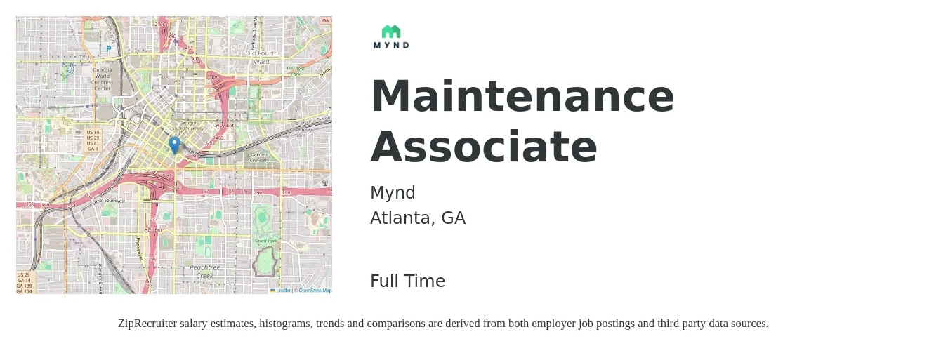 Mynd job posting for a Maintenance Associate in Atlanta, GA with a salary of $16 to $21 Hourly with a map of Atlanta location.