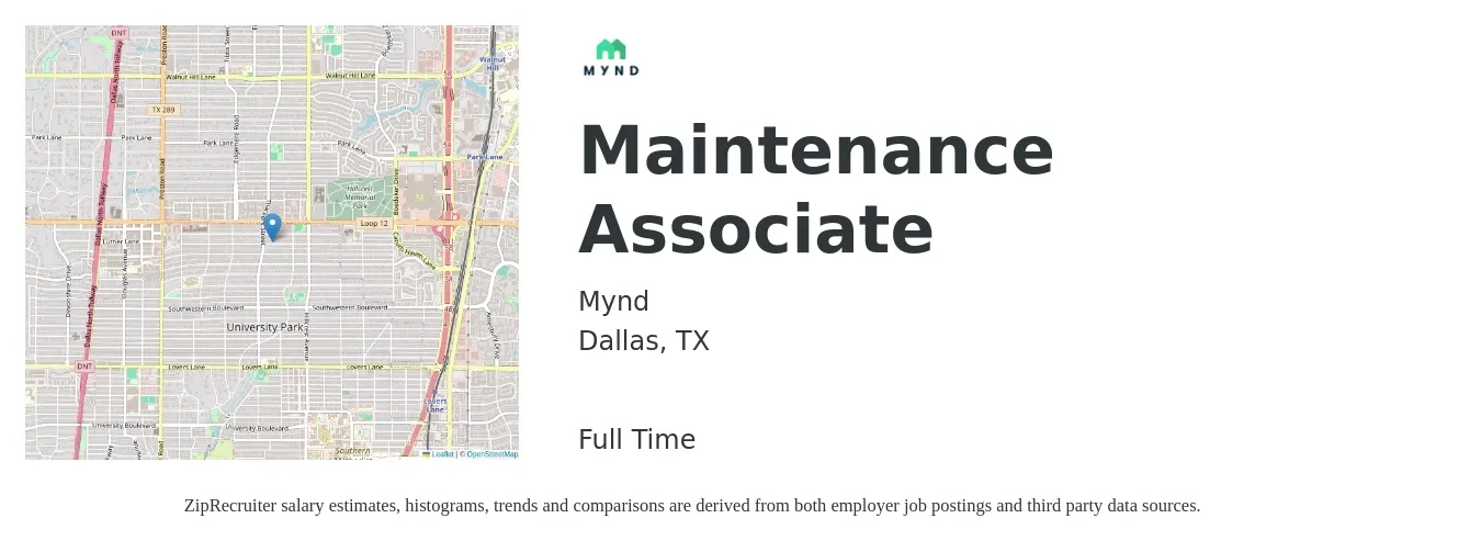 Mynd job posting for a Maintenance Associate in Dallas, TX with a salary of $16 to $22 Hourly with a map of Dallas location.