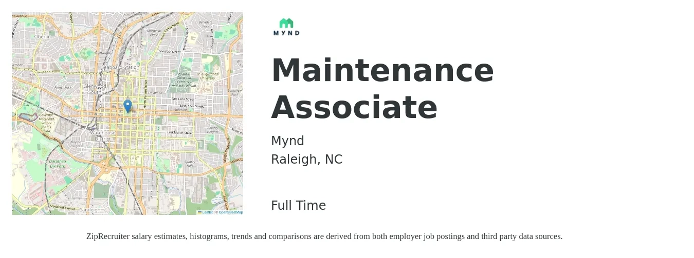 Mynd job posting for a Maintenance Associate in Raleigh, NC with a salary of $16 to $22 Hourly with a map of Raleigh location.