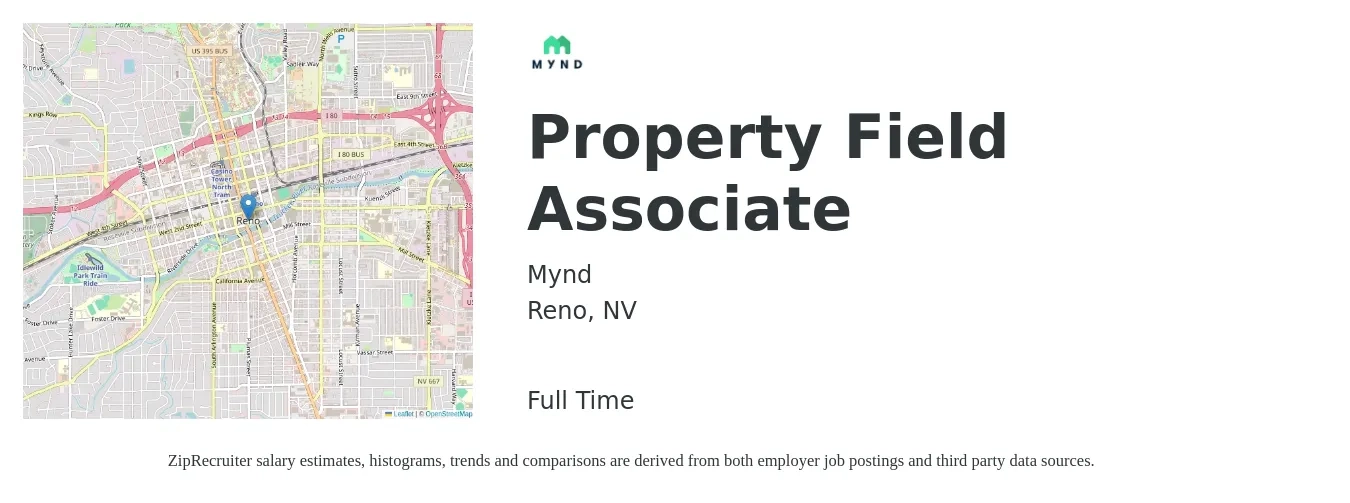 Mynd job posting for a Property Field Associate in Reno, NV with a salary of $18 to $27 Hourly with a map of Reno location.