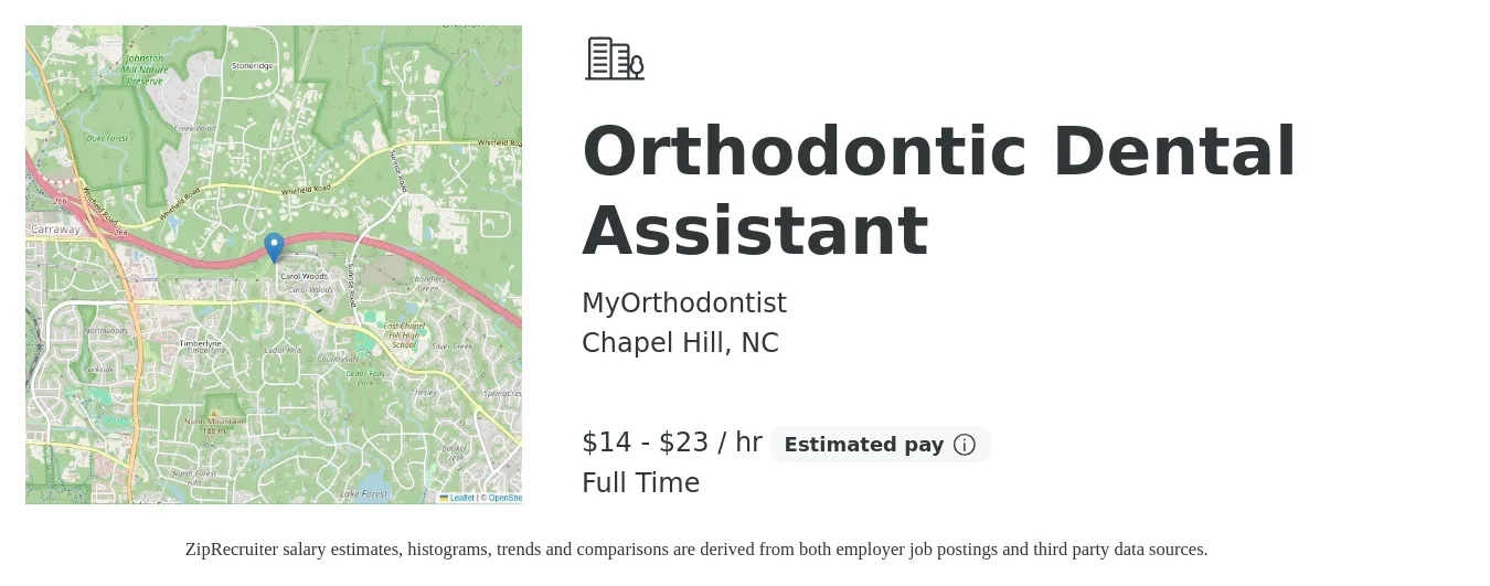 MyOrthodontist job posting for a Orthodontic Dental Assistant in Chapel Hill, NC with a salary of $15 to $24 Hourly with a map of Chapel Hill location.